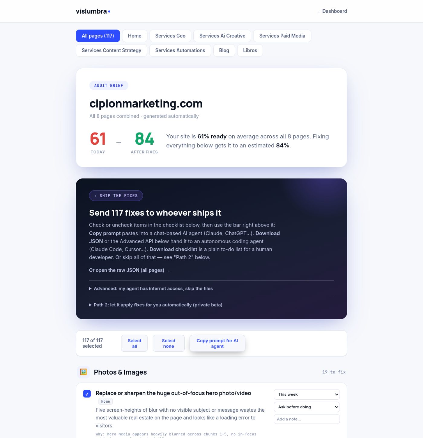 Vislumbra web app dashboard showing cipionmarketing.com audit brief, 61% readiness, AI fix options, and image optimization tasks.
